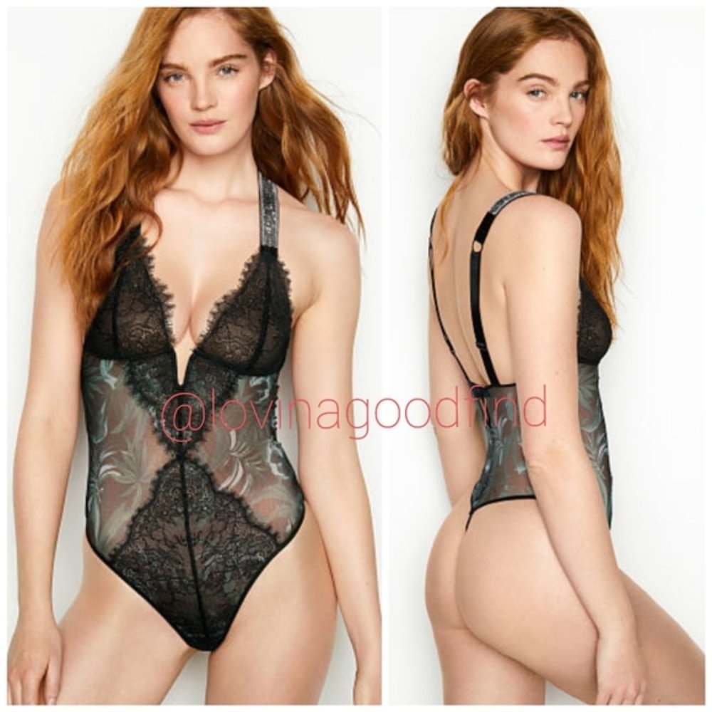 Victorias Secret VERY SEXY Embellished Shine Strap V-wire Black Teddy NWT sz M
